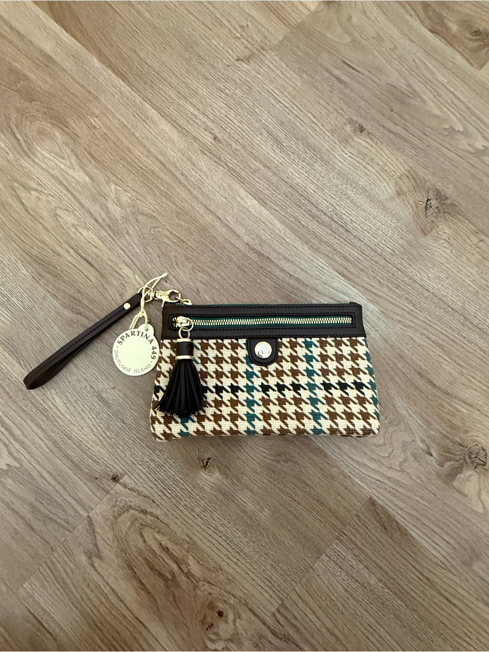 Spartina 449 Brown Cream and Teal Houndstooth Wristlet Clutch